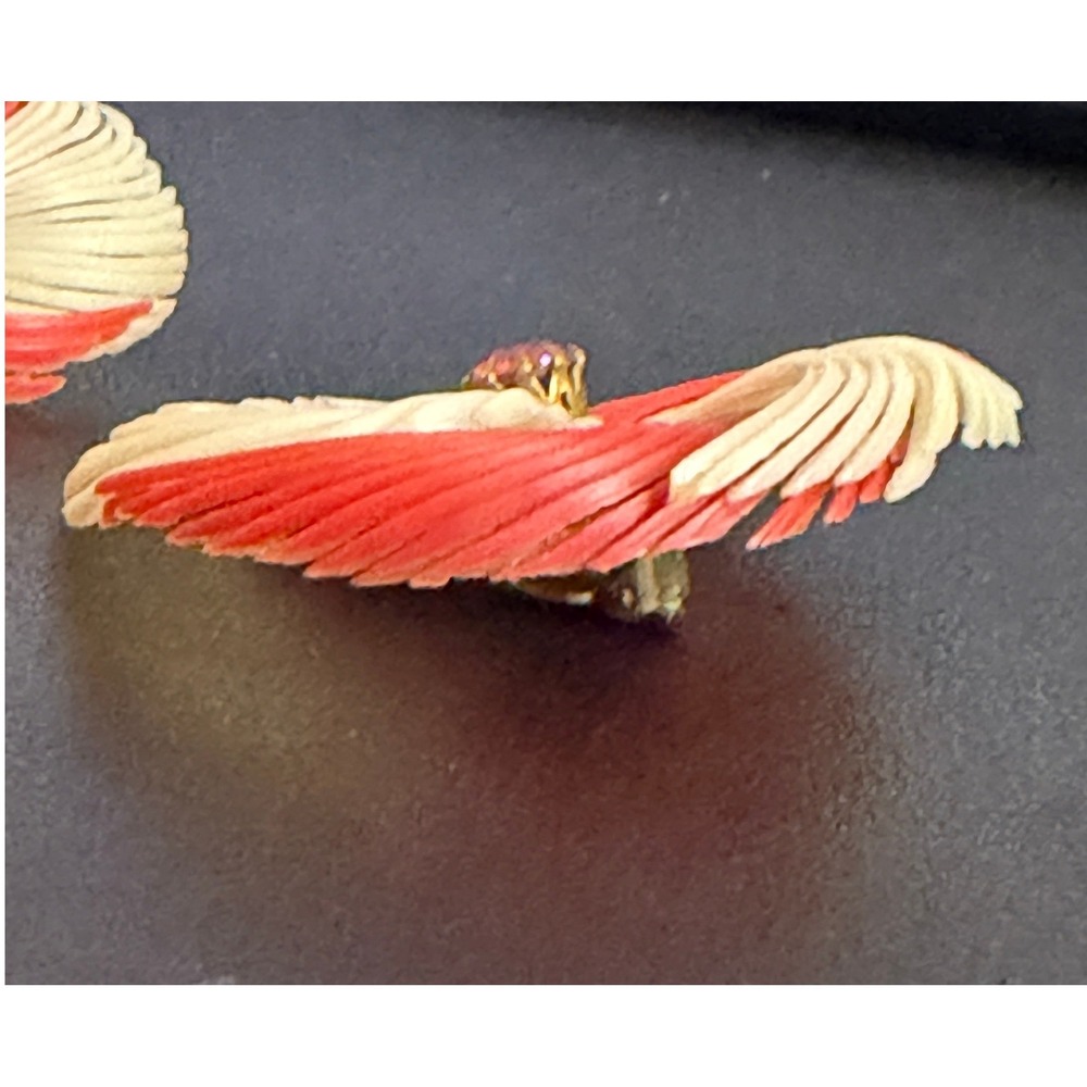 Vintage GERMANY Earrings Clip Ons Resin Red Cream Aurora Borealis Rhinestone - Picture 5 of 11